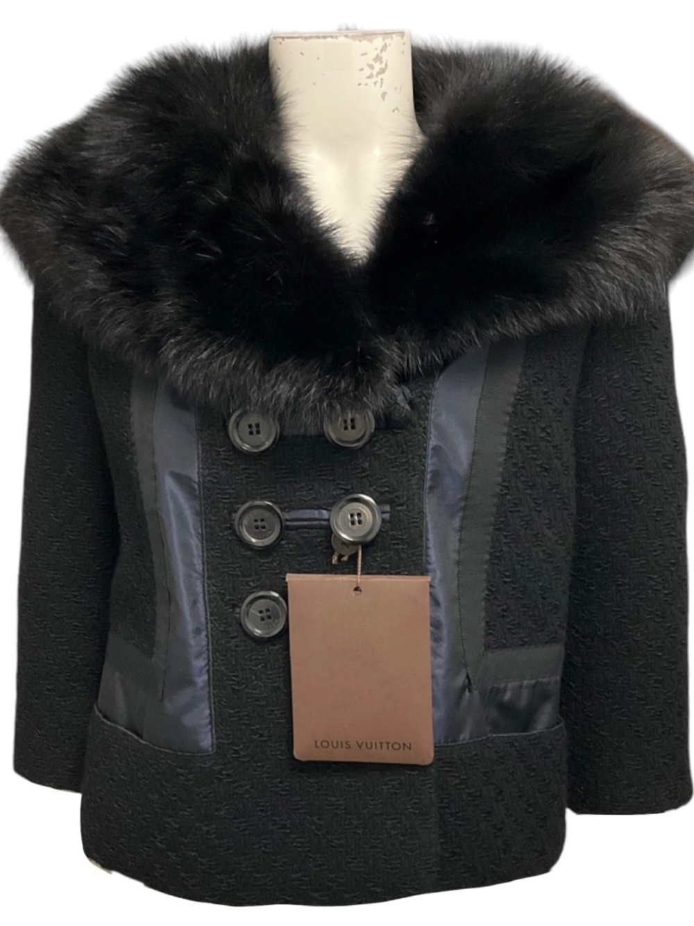 LOUIS VUITTON BLACK / NAVY BLUE SILK TRIMMED WOOL JACKET WITH FUR COLLAR